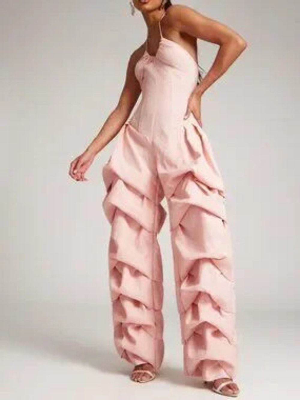 Pink Casual Women's Gathered Leg Corset Detail Halter Neckline Jumpsuit